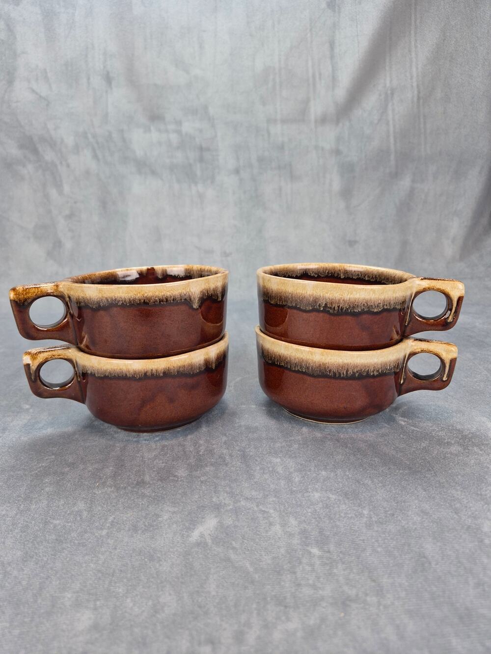 Monmouth Western Stoneware Brown Drip Pottery Soup Chili Bowl Mugs Set of 4 VTG